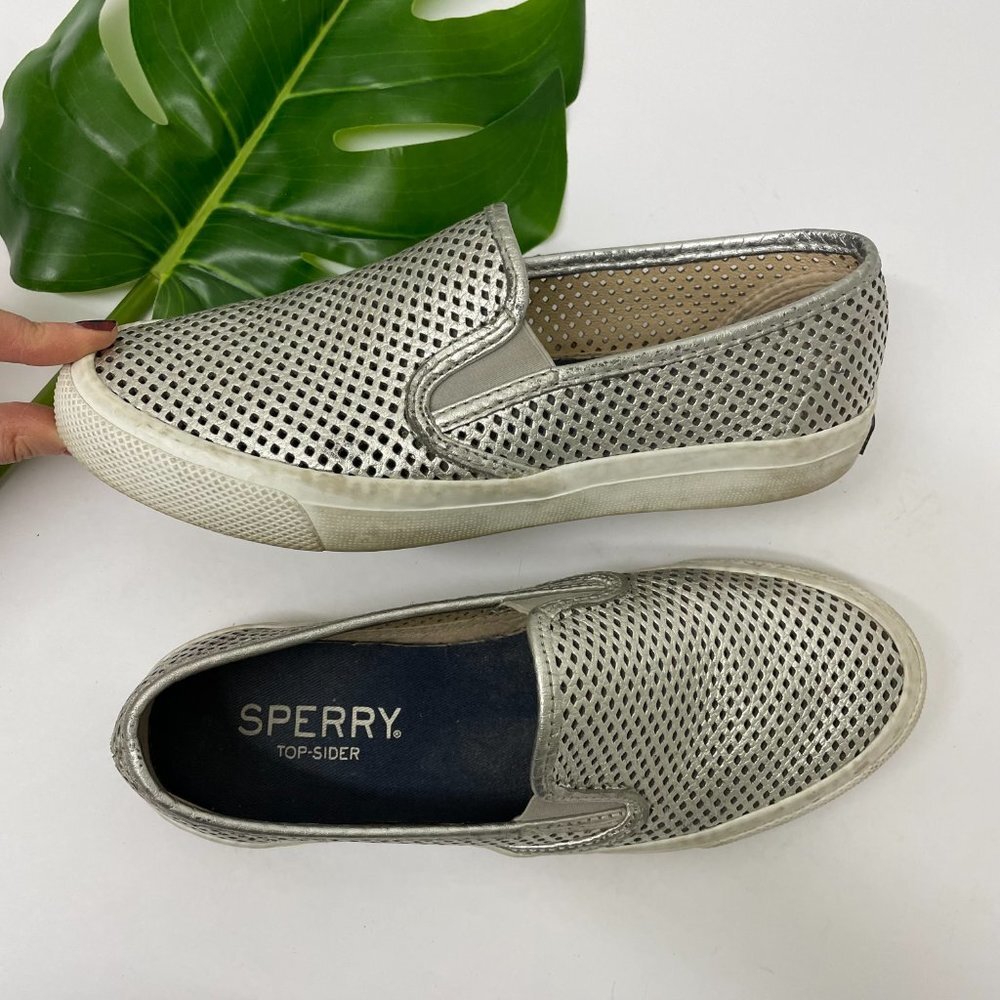 Sperry Topsider Loafers, Silver Lazer Cut Slip On Leather Loafers, Sperr…